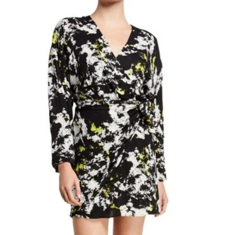 Alice + Olivia Black & White Yellow highlights Wrap dress back zip EUC SZ10
